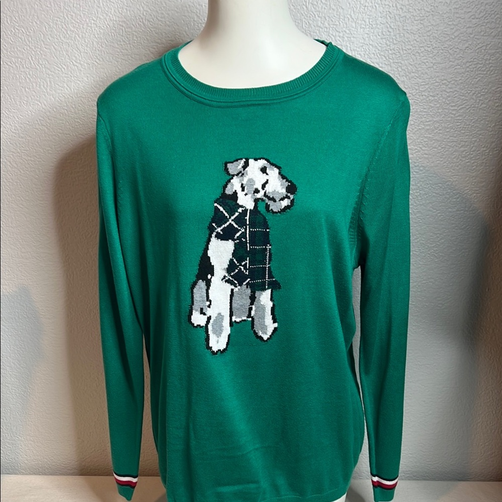 COPY - Tommy Hilfiger Green Knit Sweater Dog in Plaid Coat Graphic Size XL
